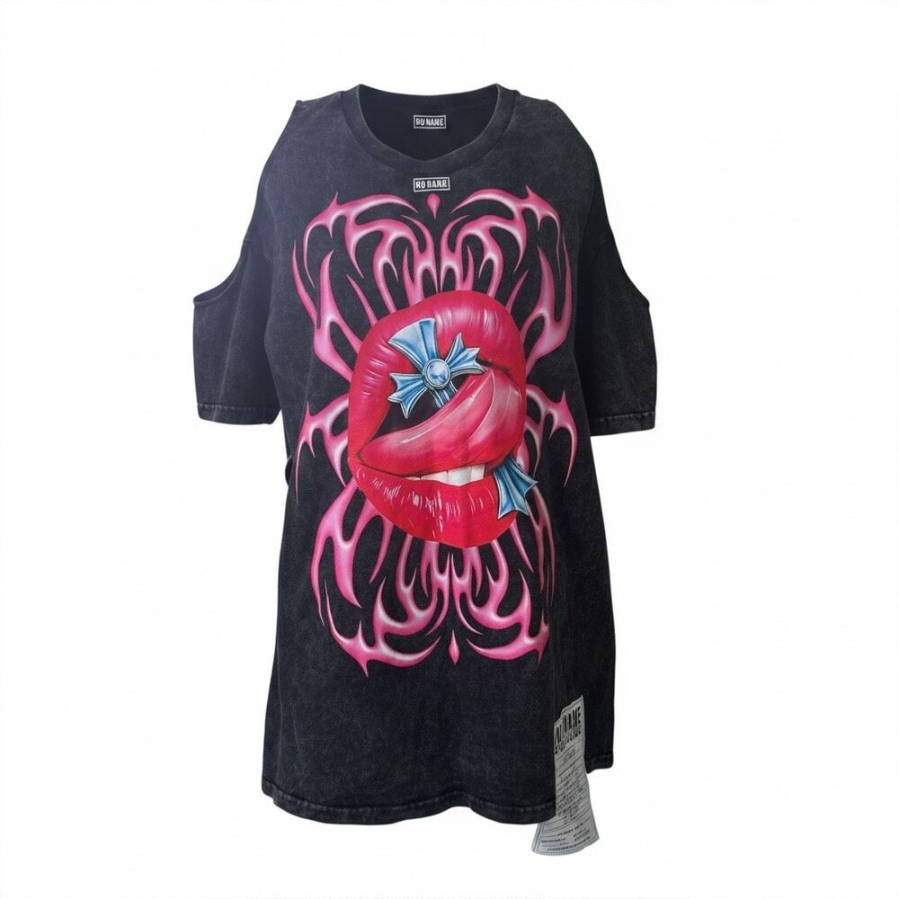 No Name Studio Acid Wash Graphic Cold Shoulder Tee Dress Oversized